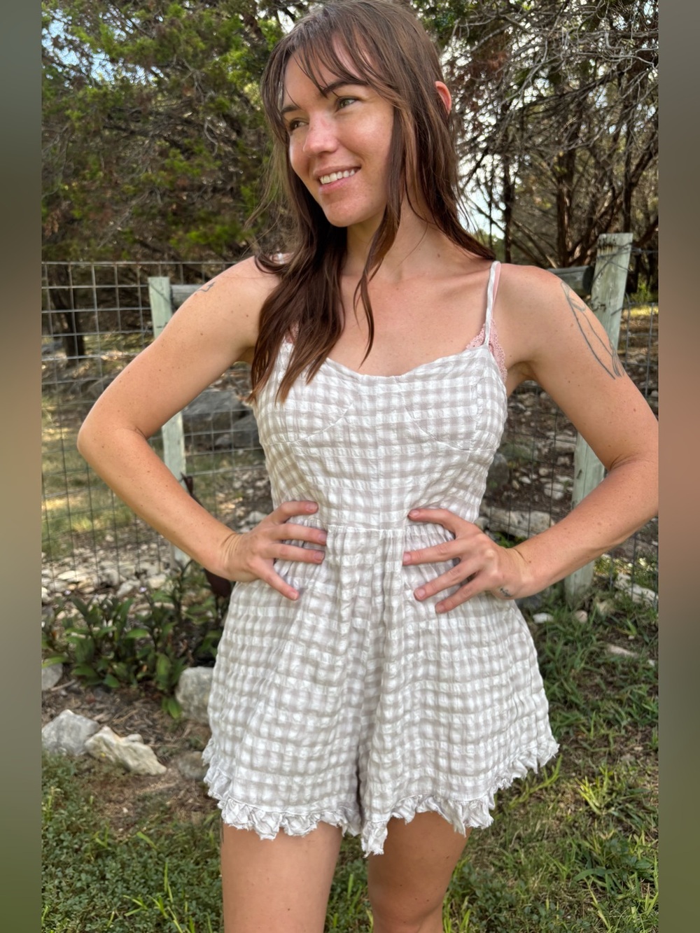 Forever 21 Womens Checked Ruffle-Hem Romper in Light Gray